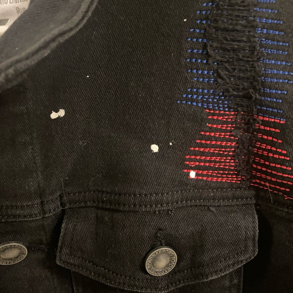 Road Narrows NYC Black Denim Button Down Jacket Size L Embroidered Distressed - Picture 4 of 16
